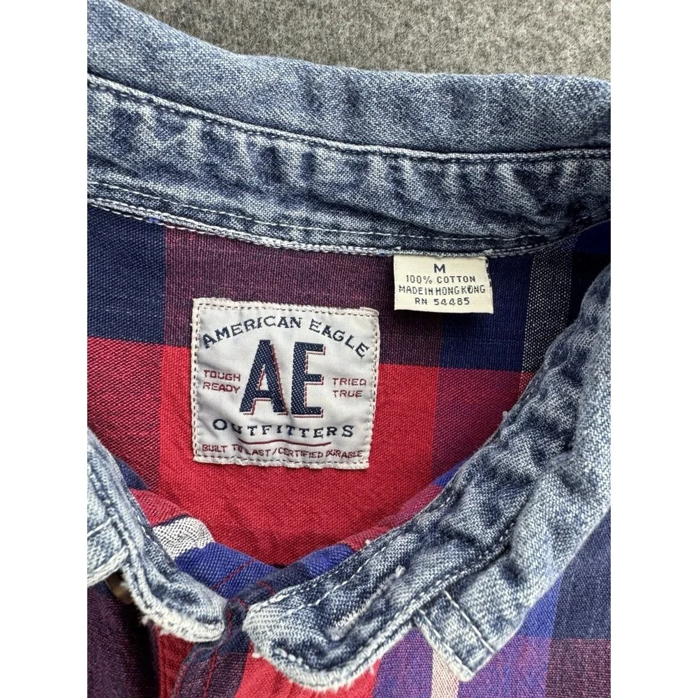 VTG 90s American‎ Eagle Men's Sz M Denim Button-Up Shirt Plaid Cotton Grunge Y2K